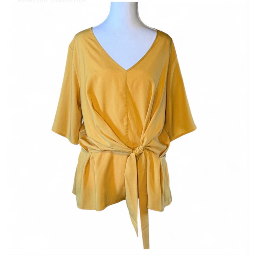 Francesca’s Mustard Yellow Tie Front Blouse Size L Flowy V Neck Top
